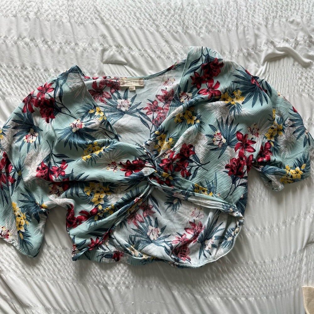 Altar'd State Floral Twist Front Blouse - Red, Yellow, Blue